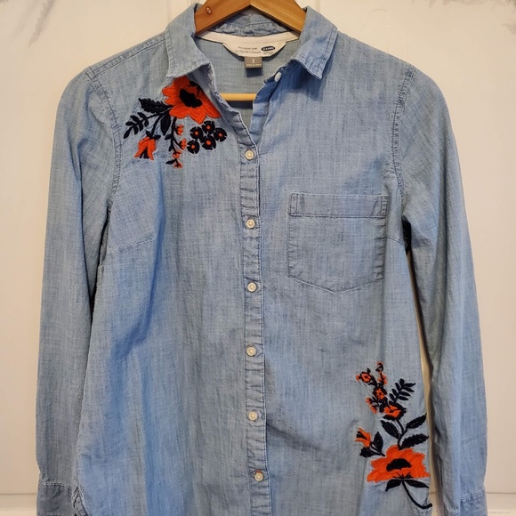 Embroidered Chambray Button Down Top - Picture 1 of 3